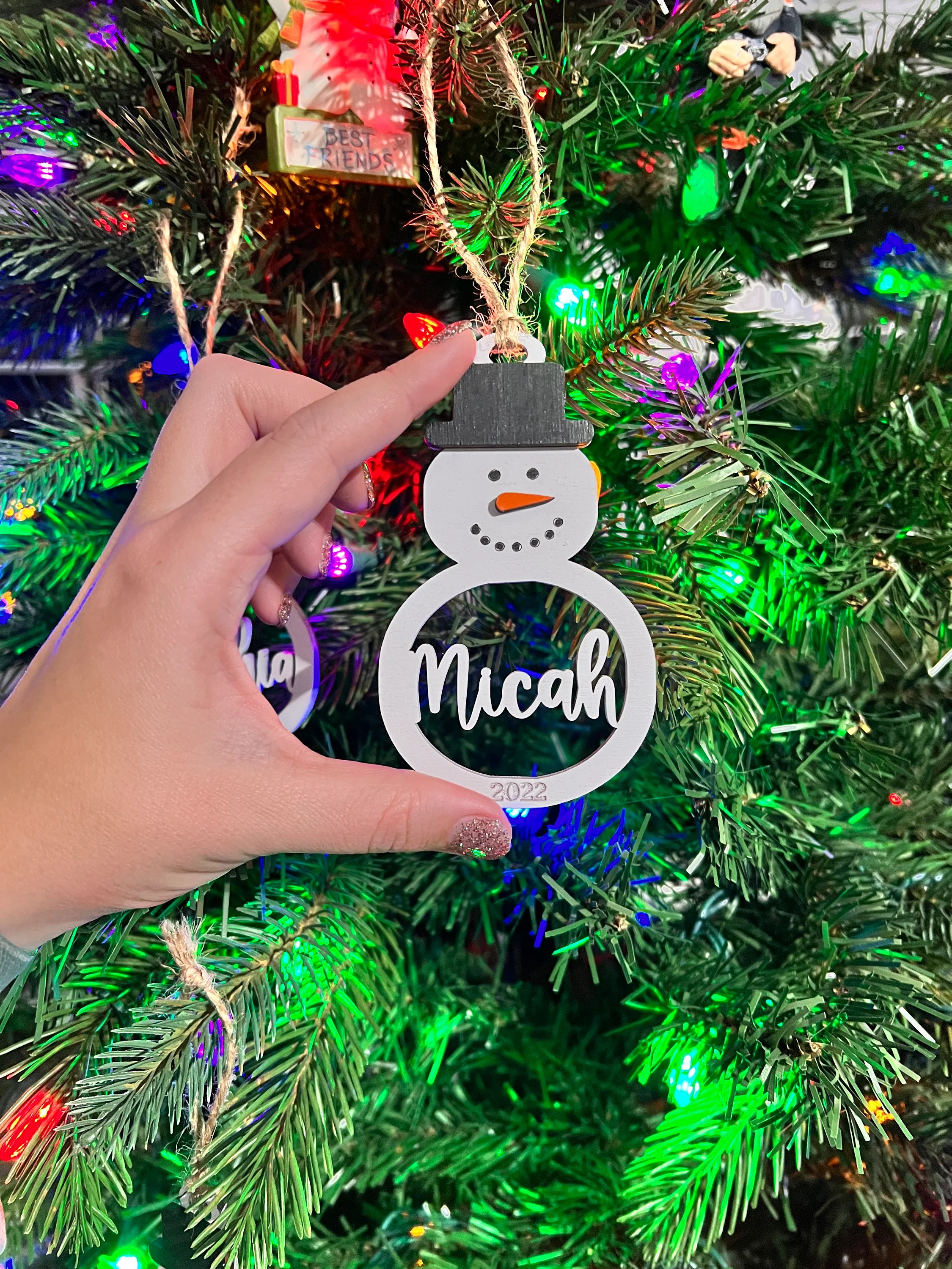 Personalized Snowman Christmas Ornament - Laser Cut Wood Holiday Bauble - Personalized Ornament Name_1
